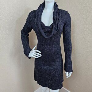 White House Black Market Black/Silver Metallic  Knit Cowlneck Bel Sleeve Dress~M
